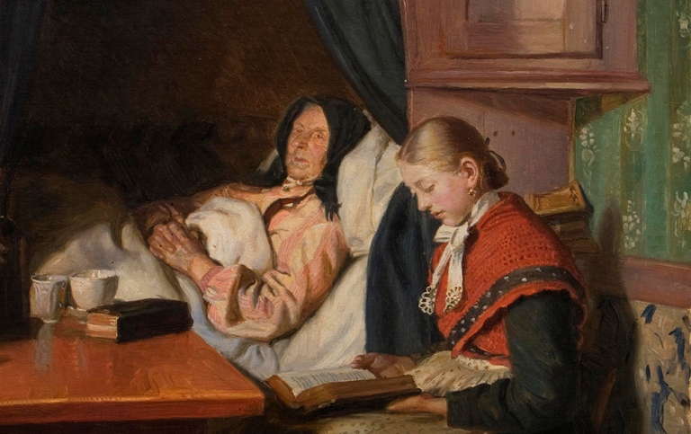 Målning som visar en äldre kvinna som ligger i en säng och en flicka som sitter bredvid och läser