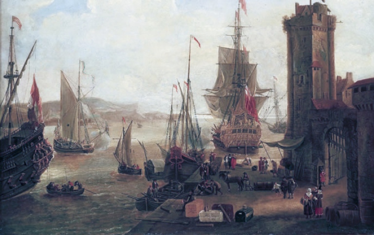Oljemålning föreställande skepp som lastar och lossar
