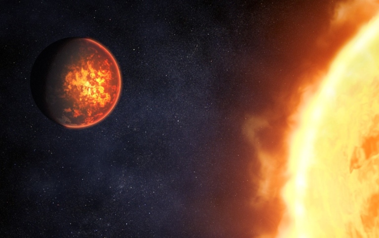 En illustration av planeten 55 Cancri e och dess stjärna